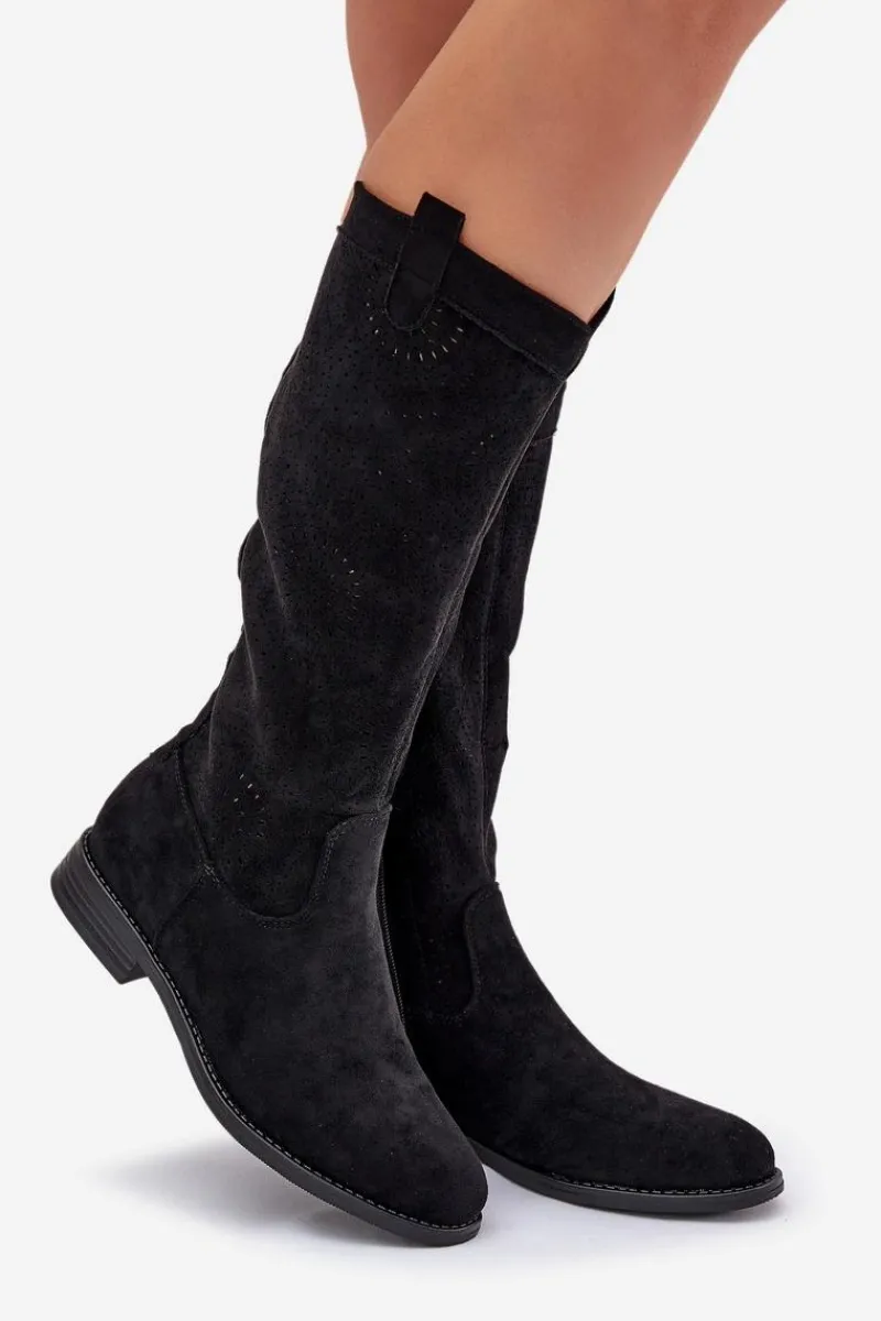 Kozaki Wiosenne|Kozaki Ażurowe>Damskie buty S.Barski Kozaki Z Ażurową Cholewką Na Płaskim Obcasie S.Barski HY51-860 Czarne Czarny