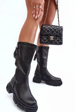 Clearance Kozaki Z Cholewką Do Połowy Łydki Czarne Lizames Damskie Kozaki Płaskie|Kozaki Przed Kolano