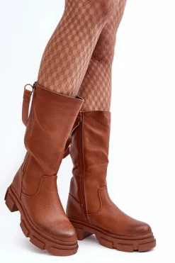 Hot Kozaki Z Cholewką Do Połowy Łydki Brązowe Lizames Damskie Kozaki Płaskie|Kozaki Przed Kolano