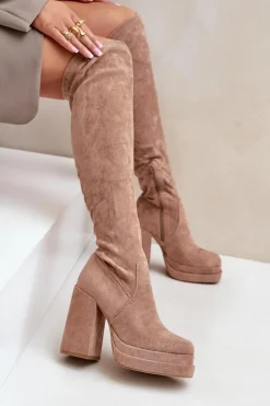 Kozaki Ocieplane|Muszkieterki>Boto Kozaki Z Cholewką Za Kolano Na Słupku I Platformie Beżowe Nadelian Beżowy