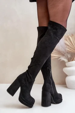 Muszkieterki|Kozaki Za Kolano></noscript>Boto Kozaki Z Cholewką Za Kolano Na Słupku I Platformie Czarne Nadelian