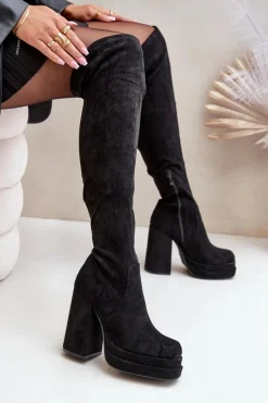 Muszkieterki|Kozaki Za Kolano></noscript>Boto Kozaki Z Cholewką Za Kolano Na Słupku I Platformie Czarne Nadelian