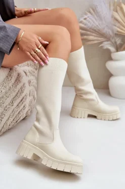 Kozaki Ocieplane|Kozaki Płaskie>Boto Kozaki Z Elastyczną Cholewką Na Płaskim Obcasie Jasnobeżowe Mesidra