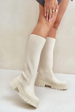 Kozaki Ocieplane|Kozaki Płaskie>Boto Kozaki Z Elastyczną Cholewką Na Płaskim Obcasie Jasnobeżowe Mesidra