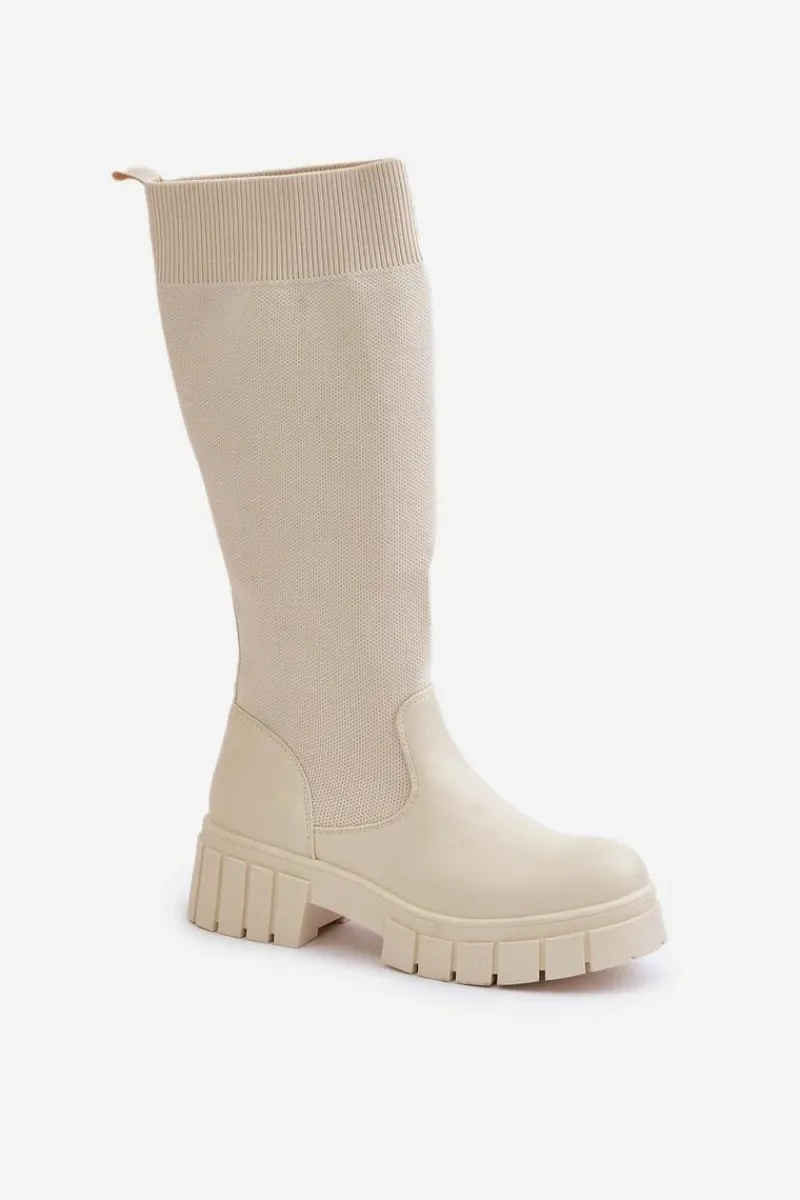 Kozaki Ocieplane|Kozaki Płaskie>Boto Kozaki Z Elastyczną Cholewką Na Płaskim Obcasie Jasnobeżowe Mesidra