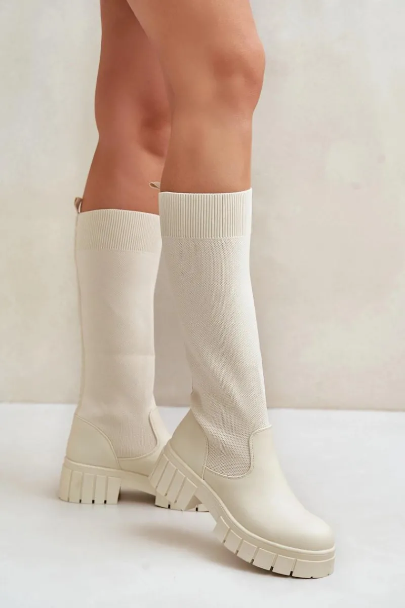 Kozaki Ocieplane|Kozaki Płaskie>Boto Kozaki Z Elastyczną Cholewką Na Płaskim Obcasie Jasnobeżowe Mesidra