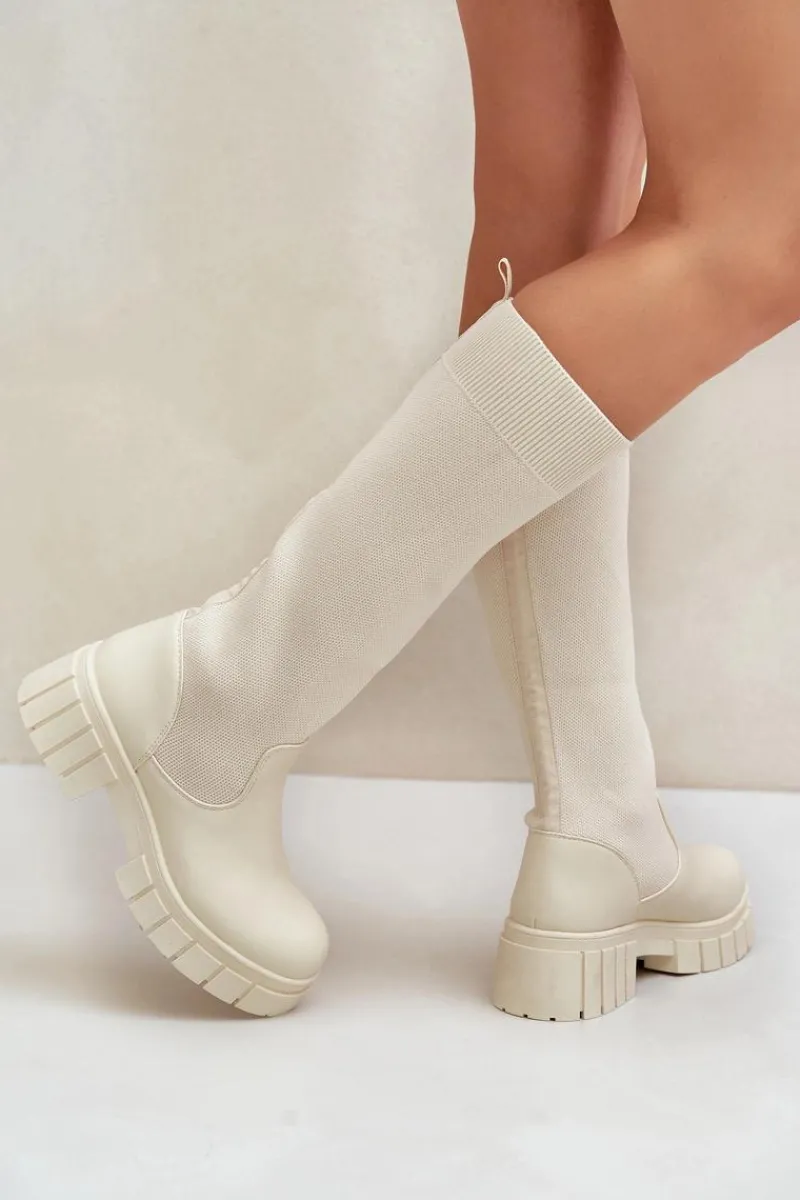 Kozaki Ocieplane|Kozaki Płaskie>Boto Kozaki Z Elastyczną Cholewką Na Płaskim Obcasie Jasnobeżowe Mesidra