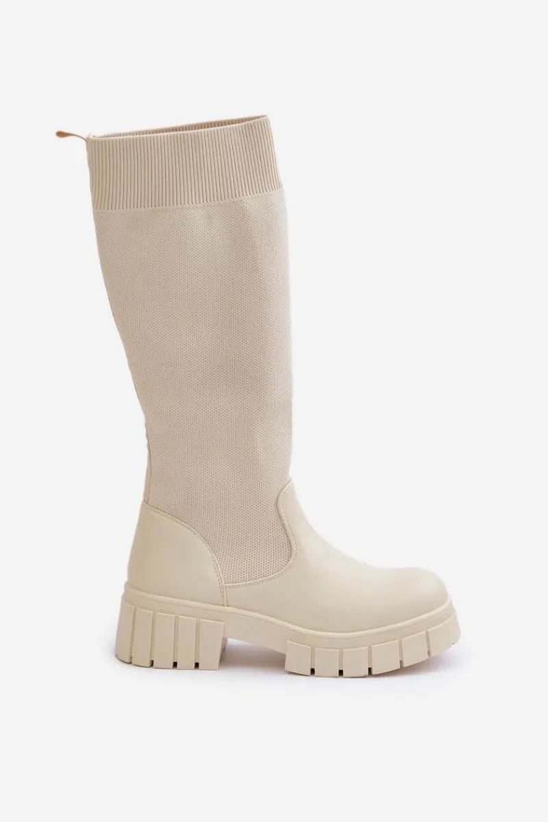 Kozaki Ocieplane|Kozaki Płaskie>Boto Kozaki Z Elastyczną Cholewką Na Płaskim Obcasie Jasnobeżowe Mesidra