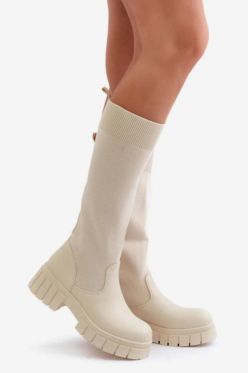 Kozaki Ocieplane|Kozaki Płaskie>Boto Kozaki Z Elastyczną Cholewką Na Płaskim Obcasie Jasnobeżowe Mesidra