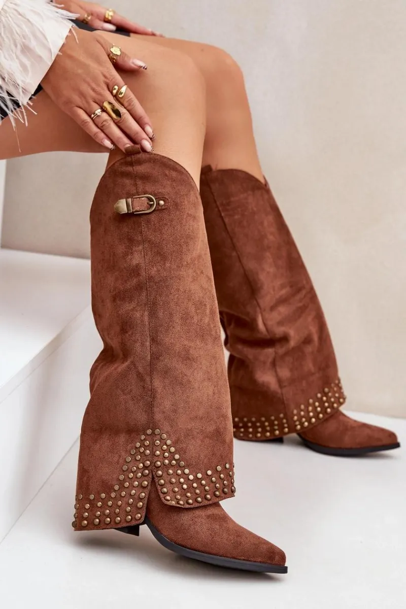 Boto Kozaki Z Wywiniętą Cholewką Na Słupku Brązowe Iveliri Brązowy