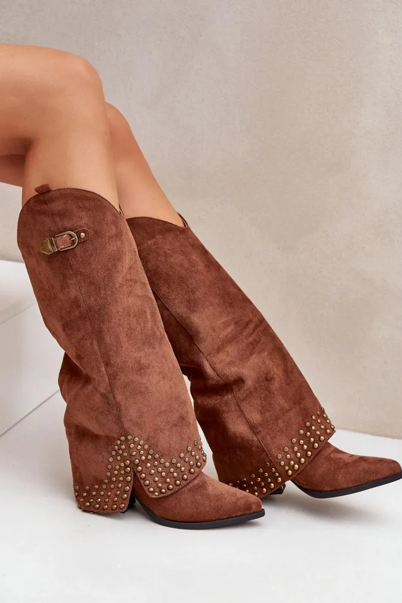 Boto Kozaki Z Wywiniętą Cholewką Na Słupku Brązowe Iveliri Brązowy