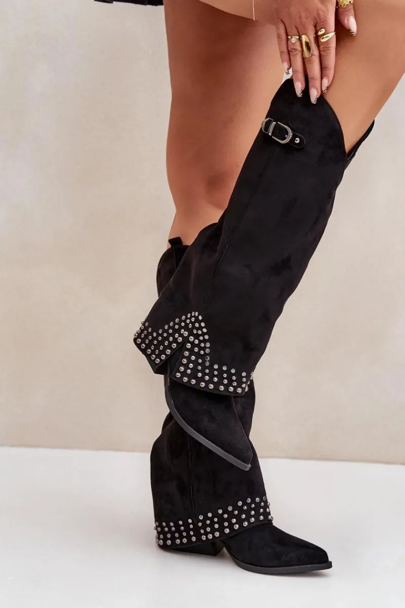 Clearance Kozaki Z Wywiniętą Cholewką Na Słupku Czarne Iveliri Damskie Kozaki Na Słupku|Kozaki Z Wywiniętą Cholewką