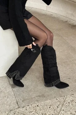 Clearance Kozaki Z Wywiniętą Cholewką Na Słupku Czarne Iveliri Damskie Kozaki Na Słupku|Kozaki Z Wywiniętą Cholewką