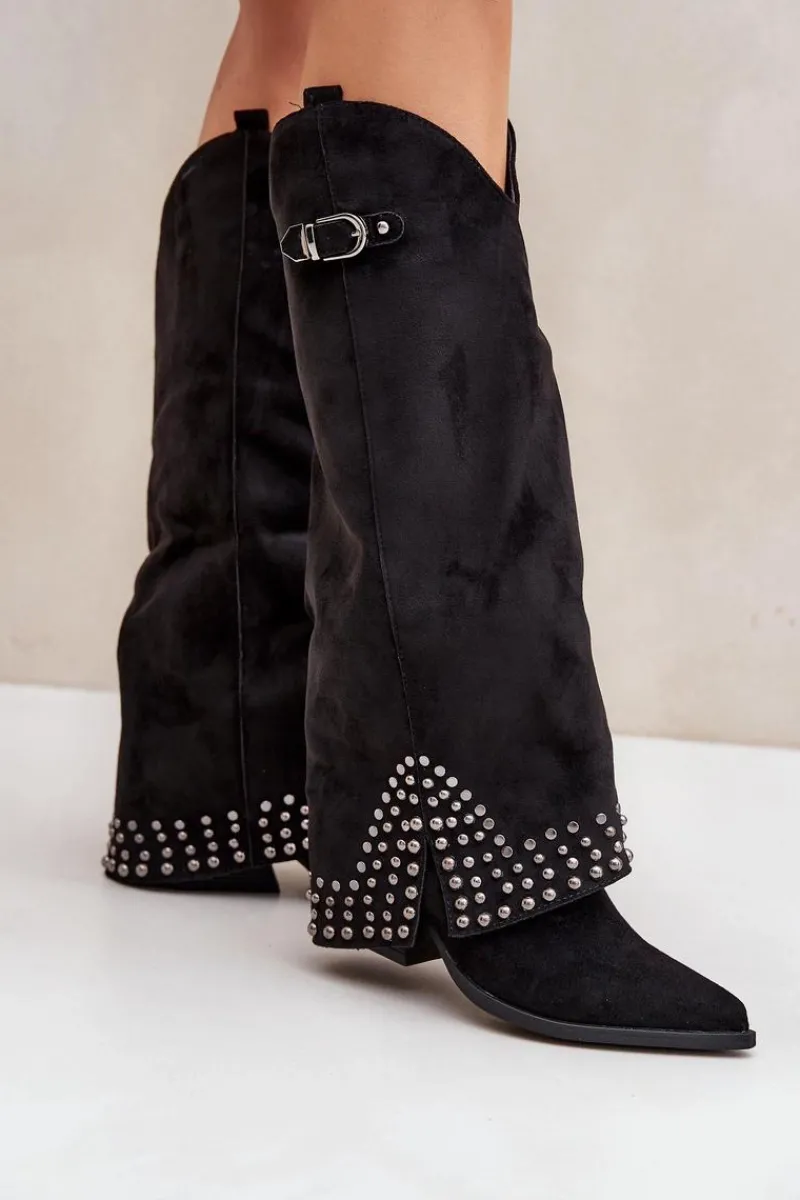 Clearance Kozaki Z Wywiniętą Cholewką Na Słupku Czarne Iveliri Damskie Kozaki Na Słupku|Kozaki Z Wywiniętą Cholewką