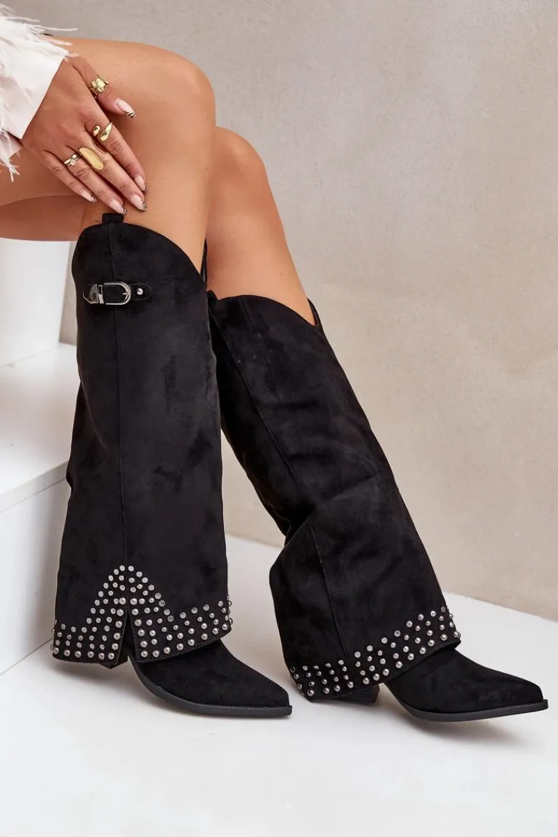 Clearance Kozaki Z Wywiniętą Cholewką Na Słupku Czarne Iveliri Damskie Kozaki Na Słupku|Kozaki Z Wywiniętą Cholewką