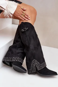 Clearance Kozaki Z Wywiniętą Cholewką Na Słupku Czarne Iveliri Damskie Kozaki Na Słupku|Kozaki Z Wywiniętą Cholewką