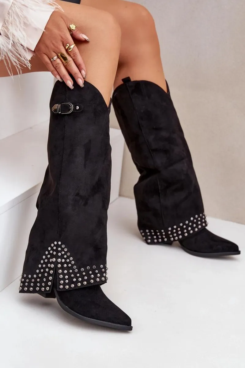 Clearance Kozaki Z Wywiniętą Cholewką Na Słupku Czarne Iveliri Damskie Kozaki Na Słupku|Kozaki Z Wywiniętą Cholewką