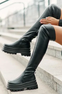 Outlet Boto Kozaki Za Kolano Na Masywnej Platformie Czarne Zinera