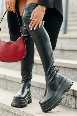 Outlet Boto Kozaki Za Kolano Na Masywnej Platformie Czarne Zinera