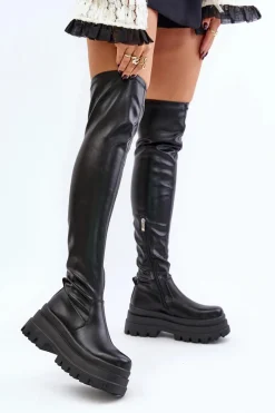 Outlet Boto Kozaki Za Kolano Na Masywnej Platformie Czarne Zinera