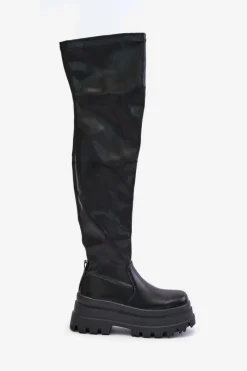 Outlet Boto Kozaki Za Kolano Na Masywnej Platformie Czarne Zinera