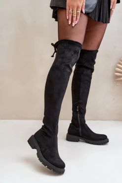 Boto Kozaki Za Kolano Na Płaskim Obcasie Z Eko Zamszu Czarne Arkelia Czarny