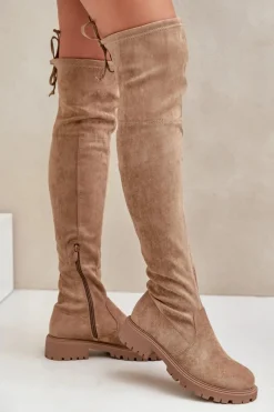 Online Boto Kozaki Za Kolano Na Płaskim Obcasie Z Eko Zamszu Beżowe Arkelia Beżowy