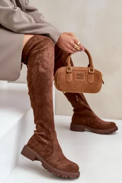 Hot Kozaki Za Kolano Na Płaskim Obcasie Z Eko Zamszu Brązowe Arkelia Damskie Kozaki Ocieplane|Muszkieterki