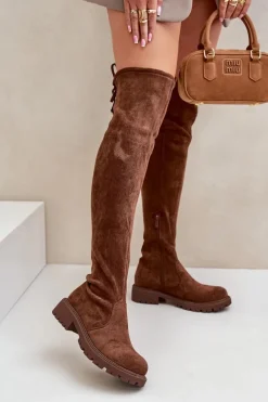Hot Kozaki Za Kolano Na Płaskim Obcasie Z Eko Zamszu Brązowe Arkelia Damskie Kozaki Ocieplane|Muszkieterki