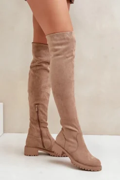 Hot Kozaki Za Kolano Na Płaskim Obcasie Beżowe Filora Damskie Muszkieterki|Kozaki Płaskie