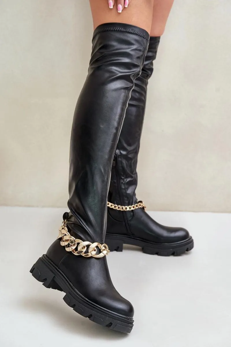 Muszkieterki|Kozaki Za Kolano>Boto Kozaki Za Kolano Na Płaskim Obcasie Z Łańcuchem Pemeriana