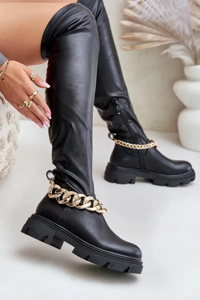 Muszkieterki|Kozaki Za Kolano>Boto Kozaki Za Kolano Na Płaskim Obcasie Z Łańcuchem Pemeriana