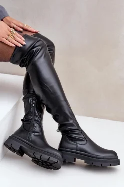 Online Boto Kozaki Za Kolano Na Płaskim Obcasie Czarne Feliri