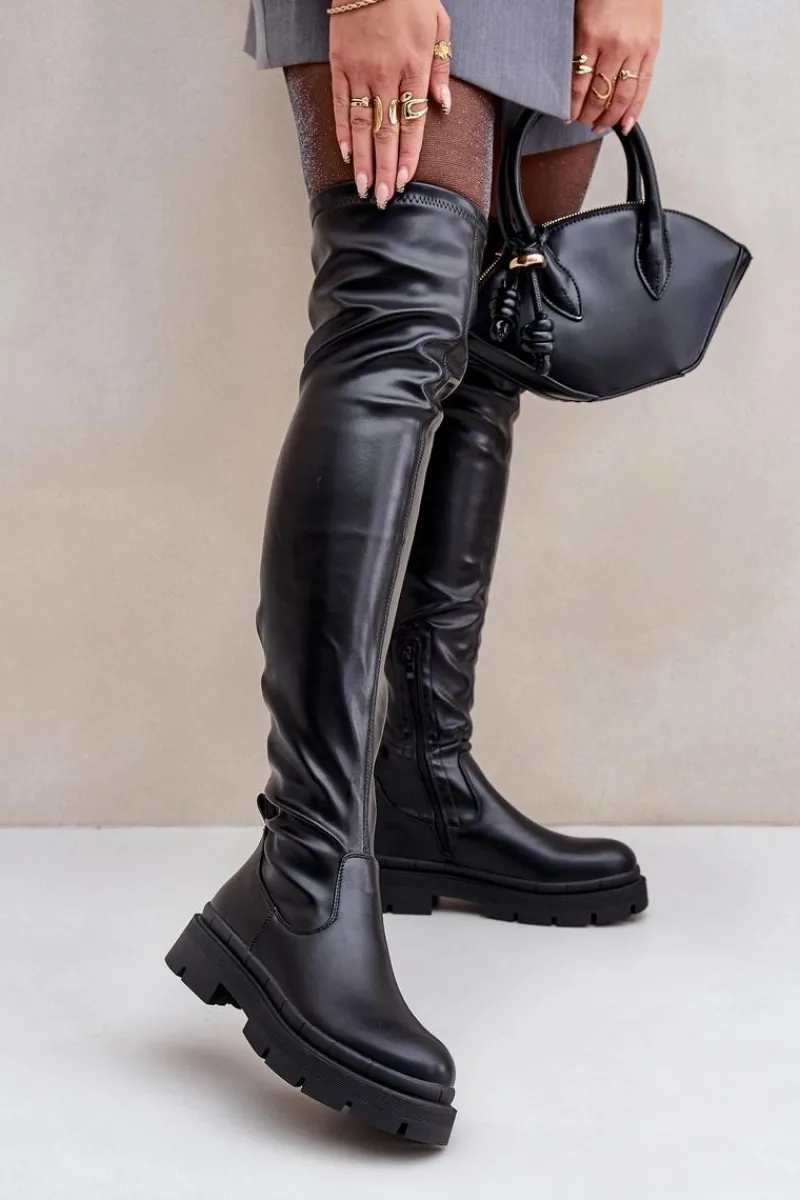 Online Boto Kozaki Za Kolano Na Płaskim Obcasie Czarne Feliri