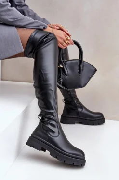 Online Boto Kozaki Za Kolano Na Płaskim Obcasie Czarne Feliri