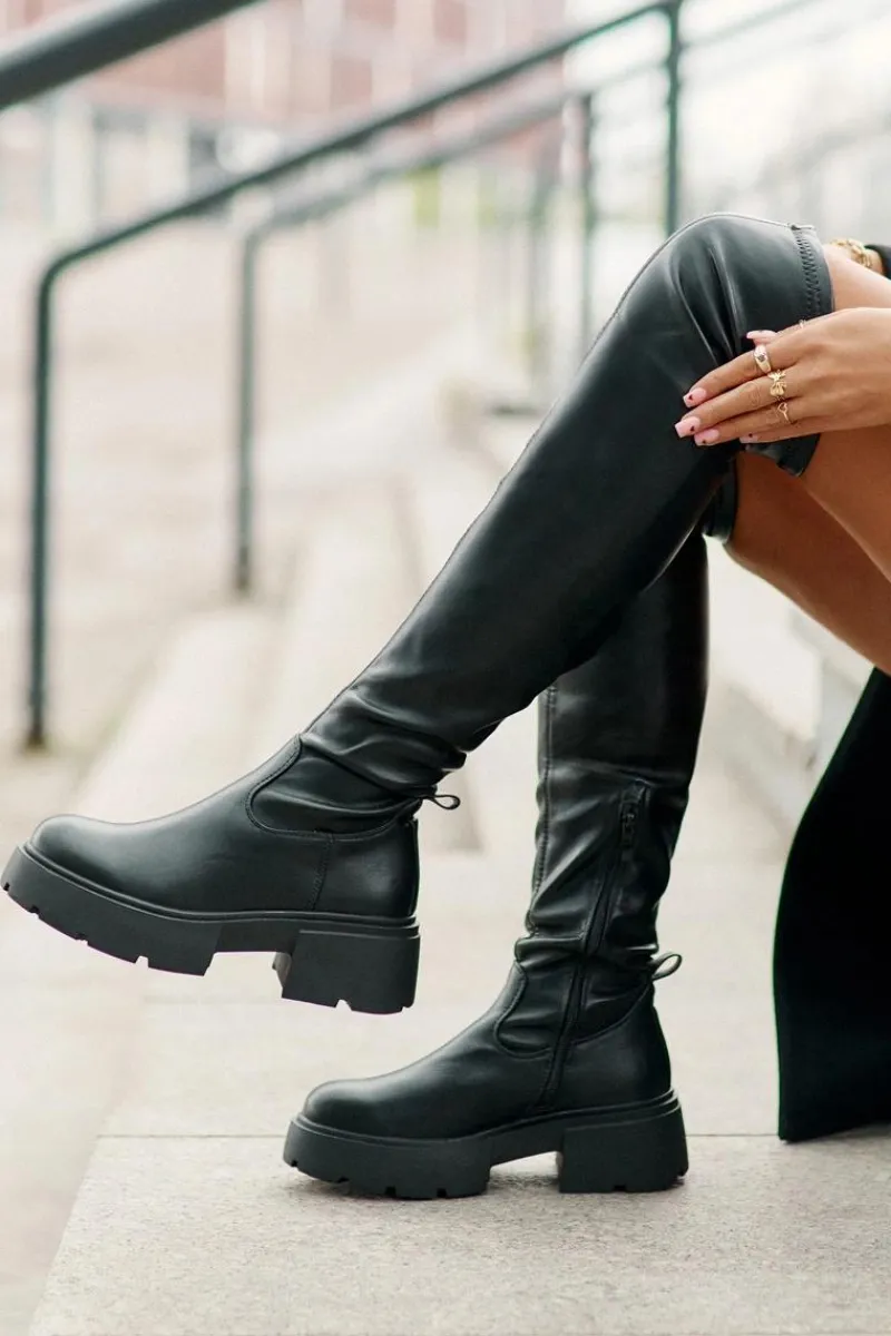 Muszkieterki|Kozaki Za Kolano>Boto Kozaki Za Kolano Na Platformie I Płaskim Obcasie Z Eko Skóry Czarne Loreviana