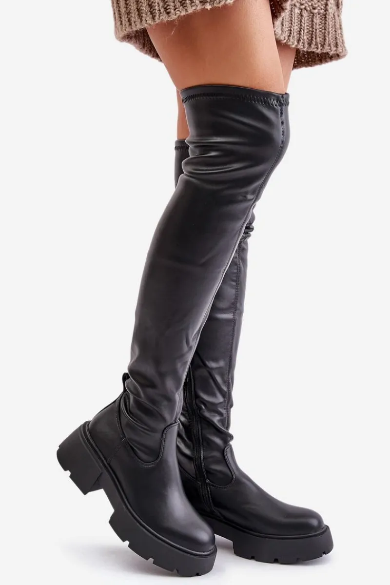 Muszkieterki|Kozaki Za Kolano>Boto Kozaki Za Kolano Na Platformie I Płaskim Obcasie Z Eko Skóry Czarne Loreviana