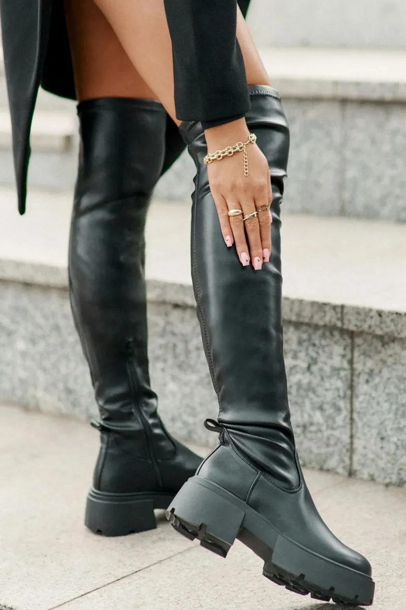 Muszkieterki|Kozaki Za Kolano>Boto Kozaki Za Kolano Na Platformie I Płaskim Obcasie Z Eko Skóry Czarne Loreviana