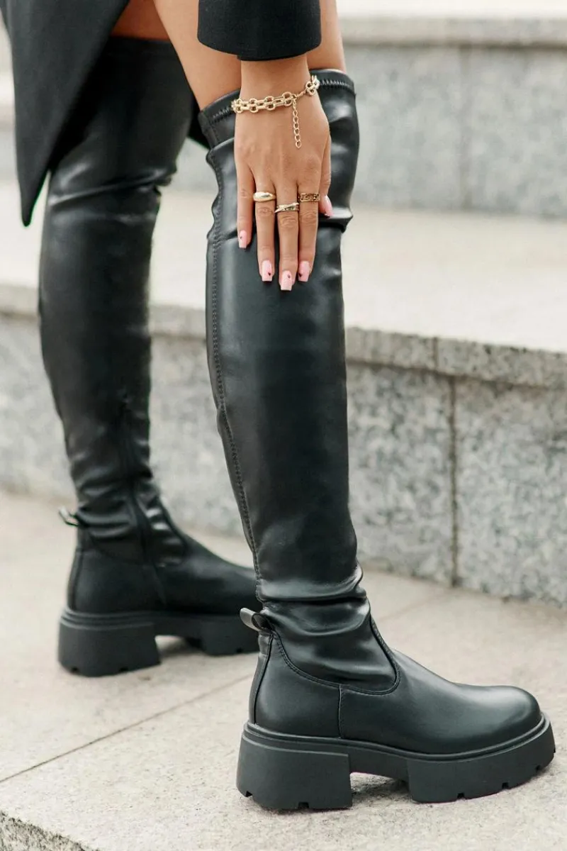 Muszkieterki|Kozaki Za Kolano>Boto Kozaki Za Kolano Na Platformie I Płaskim Obcasie Z Eko Skóry Czarne Loreviana