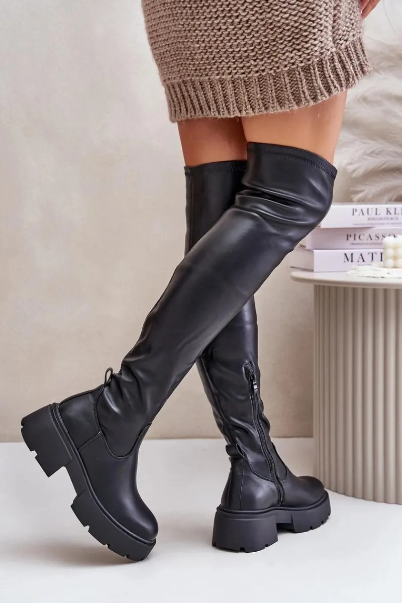 Muszkieterki|Kozaki Za Kolano>Boto Kozaki Za Kolano Na Platformie I Płaskim Obcasie Z Eko Skóry Czarne Loreviana