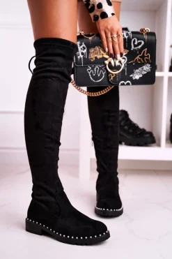 Kozaki Płaskie|Kozaki Zamszowe>Boto Kozaki Za Kolano Z Perełkami Zamszowe Czarne Isabel