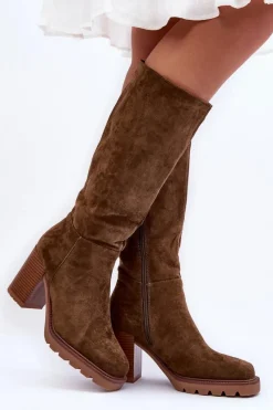 Kozaki Przed Kolano|Kozaki Na Obcasie>Boto Kozaki Zamszowe Na Masywnym Obcasie Oliwkowe Virdana