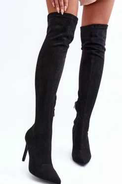 Hot Boto Kozaki Zamszowe Za Kolano Na Szpilce Czarne Calfi