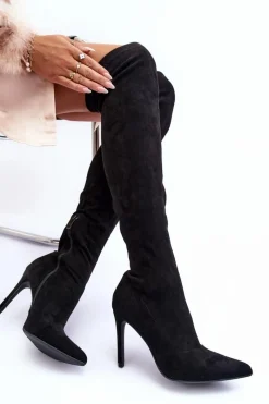 Hot Boto Kozaki Zamszowe Za Kolano Na Szpilce Czarne Calfi