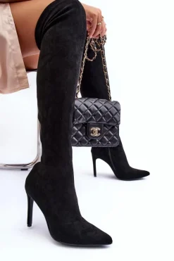 Hot Boto Kozaki Zamszowe Za Kolano Na Szpilce Czarne Calfi
