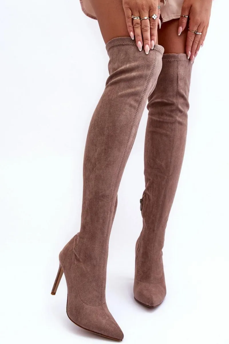 Kozaki Zamszowe Za Kolano Na Szpilce Beżowe Calfi Damskie Muszkieterki|Kozaki Za Kolano