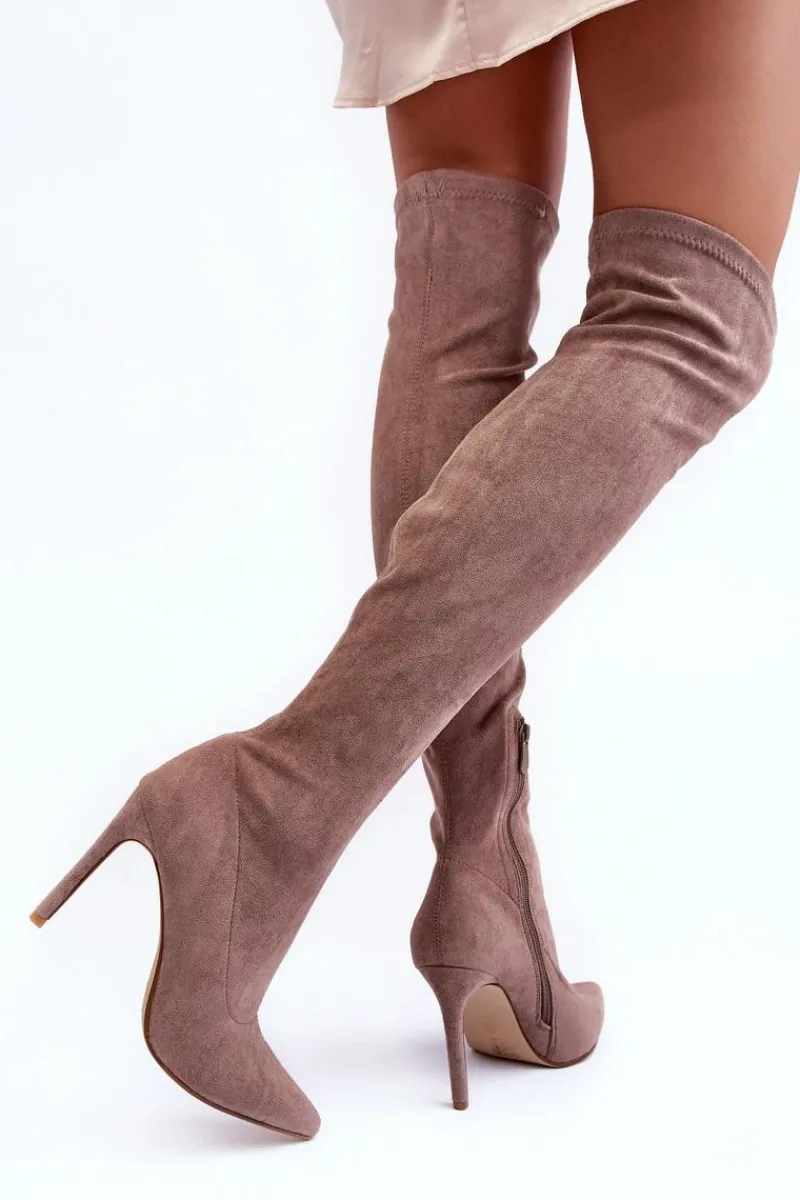 Kozaki Zamszowe Za Kolano Na Szpilce Beżowe Calfi Damskie Muszkieterki|Kozaki Za Kolano
