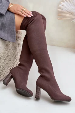 Hot Boto Kozaki Ze Skarpetkową Cholewką Za Kolano Na Słupku Brązowe Esanira Brązowy