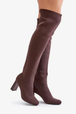Hot Boto Kozaki Ze Skarpetkową Cholewką Za Kolano Na Słupku Brązowe Esanira Brązowy
