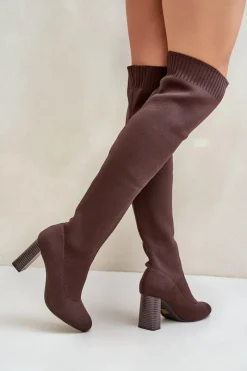 Hot Boto Kozaki Ze Skarpetkową Cholewką Za Kolano Na Słupku Brązowe Esanira Brązowy